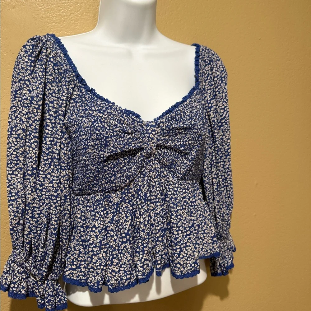 Free People‎ Brittnee Print Smocked Back Peplum Top in Blue Combo Size XS